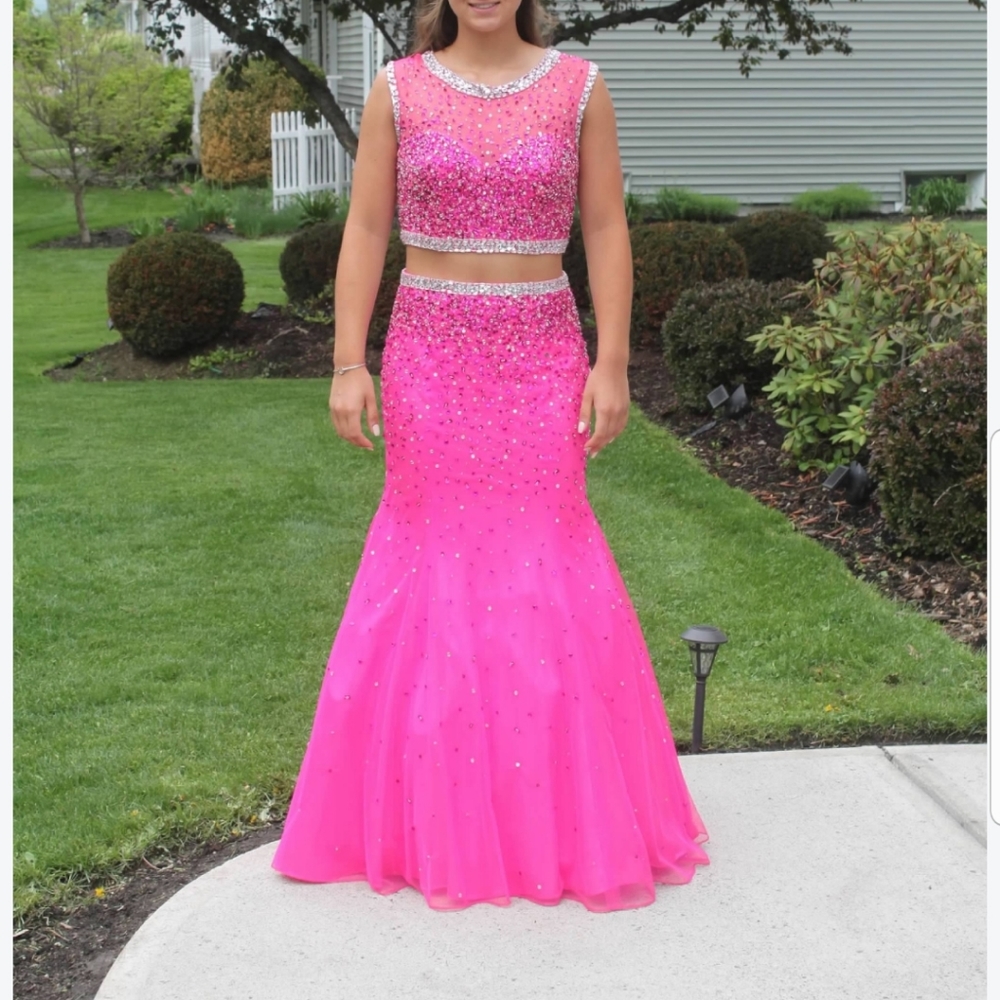 Pink 2 piece prom party tulle sequined long dress sz 4